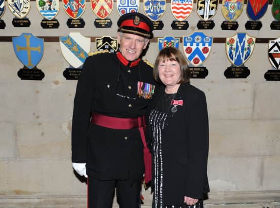 Christine Fitton from Bispham  with Vice Lord-Lieutenant of Lancashire Colonel Alan Jolley at the BEM presentation.