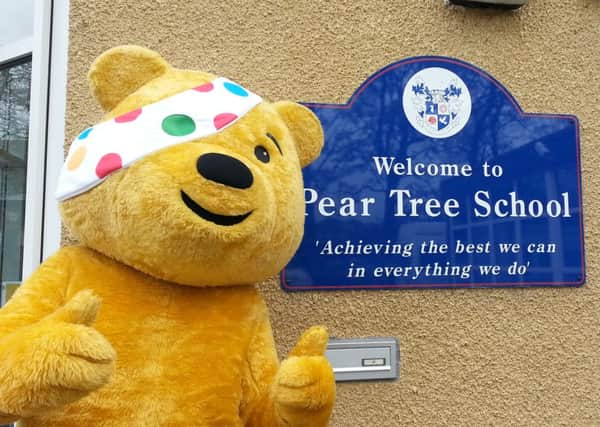 Pudsey Bear on his tour of the Fylde coast, outside Pear Tree School, in Kirkham