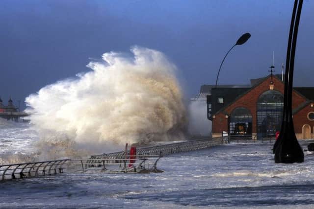 Blackpool Promenade under flood water following high tide and a tidal surge.