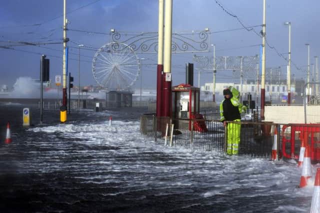 Blackpool Promenade under flood water following high tide and a tidal surge.