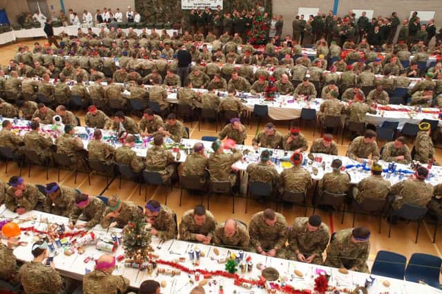 Soldiers fill the dining hall.