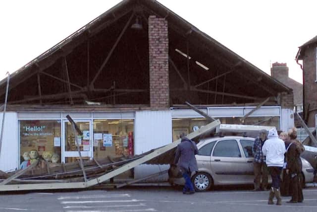 Whitworth chemist, Bloomfield Road, after the front wall was blown off by gale-force winds