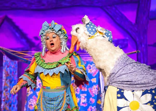 Nick Wymer as the dame with Dolly The Goose in  Mother Goose at Lowther.