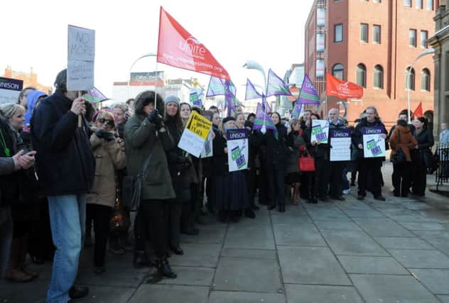 Unison  holding a protest at Blackpool Town Hall against council proposals to reduce workers terms and conditions as part of cutbacks.