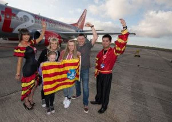 Pictures shows the launch of the new route to Menorca by Jet2.com from Blackpool Airport with Toni Schools female Flamenco and Daniel Lio the male flamenco with Kaz, Lucy aged 8 Sophie aged 12 and Pete Haworth