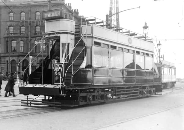 Lost Archives - glass plate negative
A double staircase Dreadnought tram at Talbot Square with the Clifton Hotel in the background.The first Dreadnought was delivered to Blackpool in January 1900, this is No 56 which was built in 1902 and scrapped in the mid 1930s. 
Historical undated