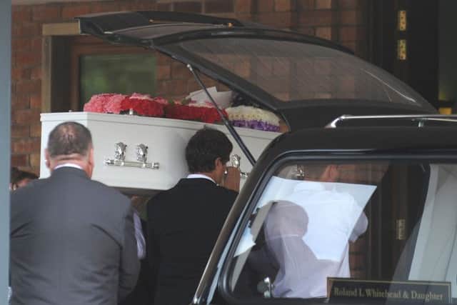 The funeral took place at Lytham Crematorium of 11 year-old Danae Grocott, who died following a lifelong battle with asthma.
Danae's coffin is carried in.  PIC BY ROB LOCK
6-8-2014