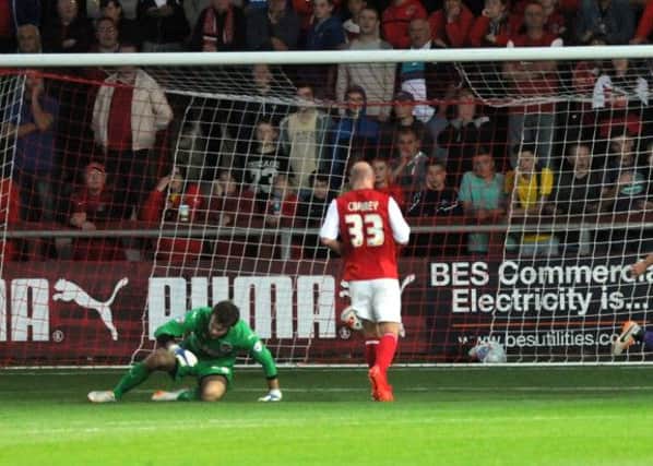 Chris Maxwell reacts to a Morecambe goal