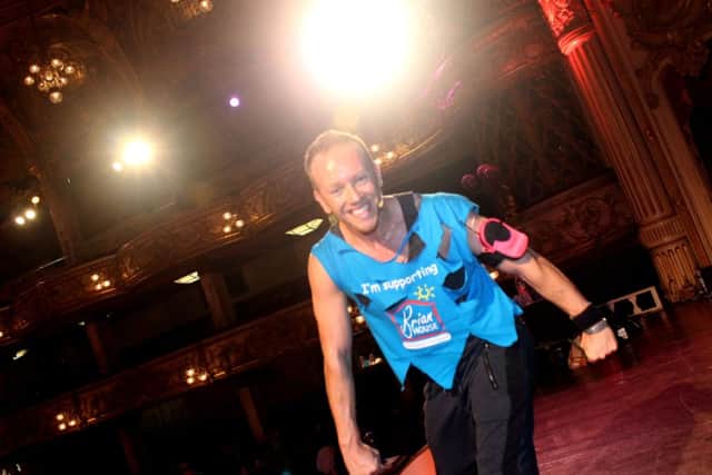 Blackpool Tower Ballroom Trinity Hospice Zumbathon with Brian House.Pictured is Dan Whiston taking the massive zumba dance class.3rd October 2014
