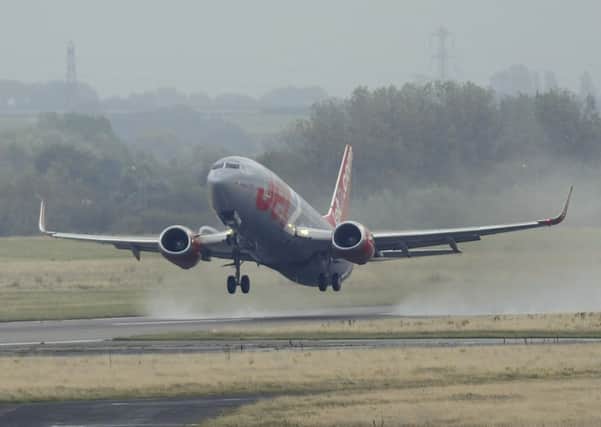 Final flight: The last Jet2 flight from Blackpool Airport pictured leaving at around 2.30pm on Thursday