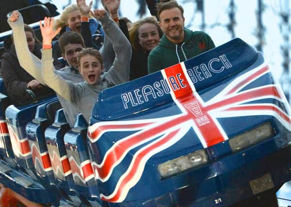 © WARREN SMITH 2014. SUBMIT PIC. SHOWS STAR GARY BARLOW ON THE BIG ONE AT BLACKPOOL PLEASURE BEACH 24.10.14.