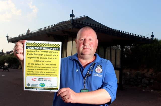 Police Volunteer Community worker Andrew Noble slams mindless hooligans after hundreds of pounds worth of damage was done to Grade II listed Promenade Shelters at Lytham St Annes.
Pictured is Lancashire Constabulary Volunteer Andrew Noble with the damaged shelters along the Promenade.
25th July 2014