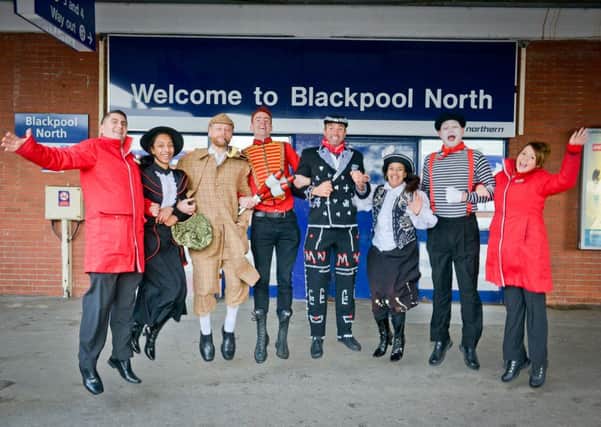 London bound: A colourful 
collection of London characters were there to help launch the new capital service at Blackpool North