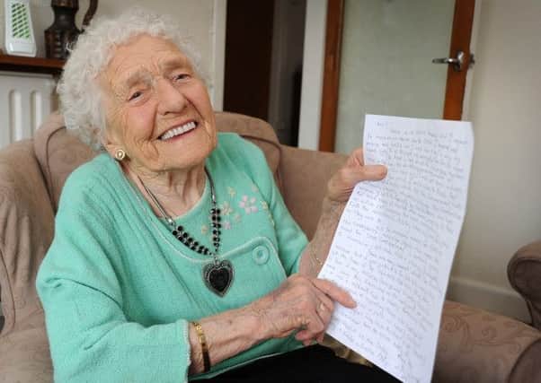 99 year-old Ethel Dobbins, of Northumberland Avenue in Cleveleys, who has been awarded the British Empire Medal for her commitment to community services.
Ethel with her thoughts which she wrote down after hearing she had won the medal.  PIC BY ROB LOCK
13-6-2014