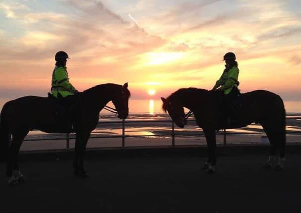 Lancashire Mounted Police horses Caton, (left) and Gisburn (right), watch the sunset on Blackpool Promenade  Pic: Lancashire Mounted Police