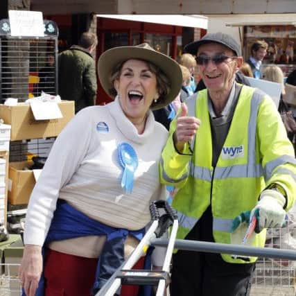 Edwina Currie meets litter collector John Ellis during a visit to the Fylde coast while on the General Election campaign trail. Photo: Peter Byrne/PA Wire