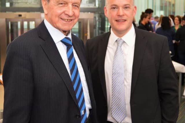Gazette editor Jon Rhodes with football legend Jimmy Armfield at the launch of Dementia Awareness Week