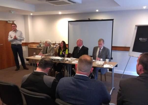 Shale debate: Left to right, Bernard  Whittle, Janet Thornton, Steve Pye and Mike Damms speak in support of fracking for the North West Energy Task Force in Preston