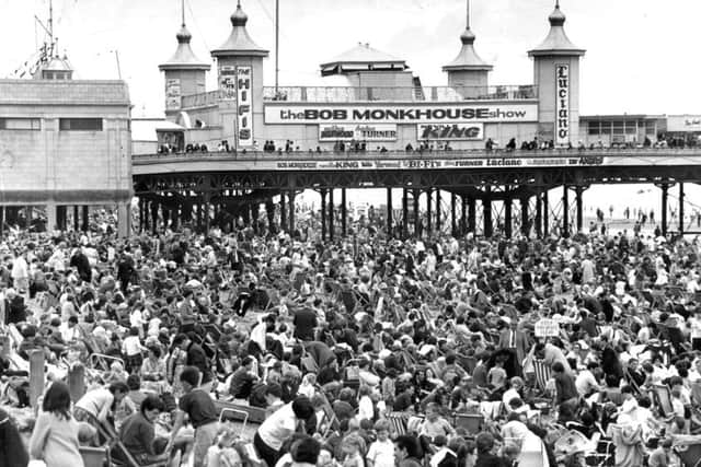 Thousands of beach lovers take to their deck chairs below Central Pier in 1965, when the summer show headliners were Bob Monkhouse, Mike Yarwood and Neville King.