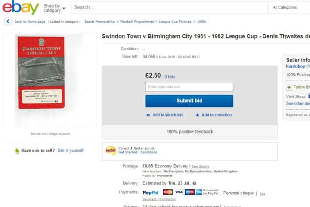A programme from Denis Thwaites' debut is up for auction on eBay.