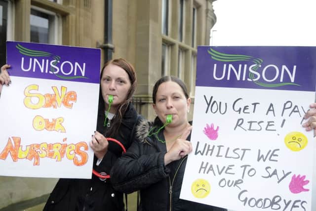 Protest at Blackpool Town Hall against plans to close two nurseries.  Amy Hindle and Sarah Lambert.