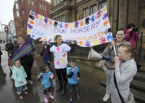 Protest at Blackpool Town Hall against plans to close two nurseries