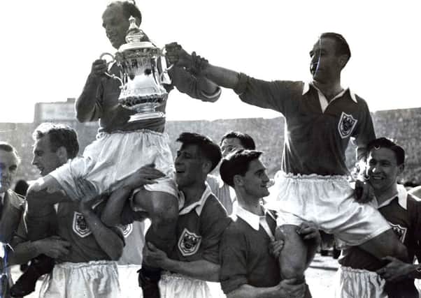 Blackpool FCs Stanley Matthews and Harry Johnston carried shoulder-high after the team won the FA Cup in 1953. Inset Lancashire CCC captain Steven Croft and Paralympian medal winner Shelly Woods