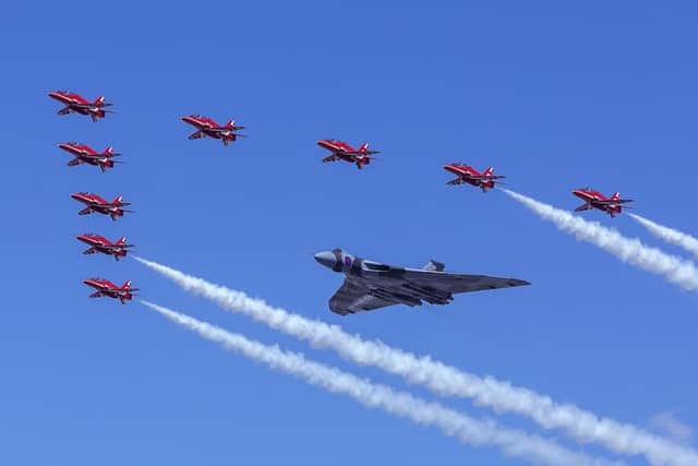 The iconic Red Arrows in formation with the Avro Vulcan XH558 in its last flying season.
 
The Avro Vulcan XH558 is the last flying example of Britain's V-Force and the last of the great four-engined all-British jets from a remarkable period of Cold War innovation. Picture courtesy of Russell Wood Photography