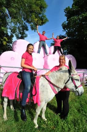 Suzzana and Marlen Edge and their daughters Grace and Sophie, with their Blackpool donkeys with their pink bales of hay.to support Breast Cancer Awareness