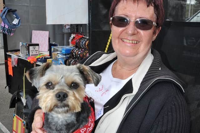 Stall holder Sandra Shand with Pippin