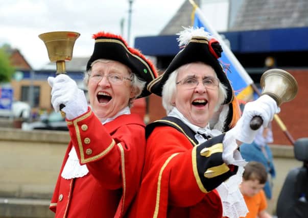 Photo Neil Cross
Garstang Arts Festival town criers competition
Garstang town crier Hilary McGrath with her sister Marjorie Dodds from Chester-le-Street