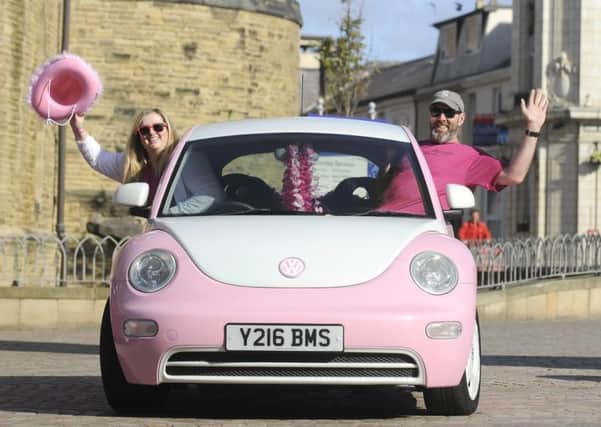 Pink car rally from Blackpool to Scarborough.  Toni-Ann Mardon and dad Richard Gamlin.