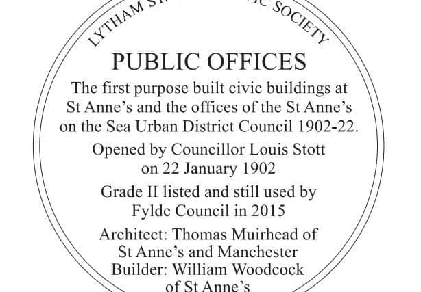 The proposed blue plaque, which will be installed at Fylde Town Hall if planners give the go ahead