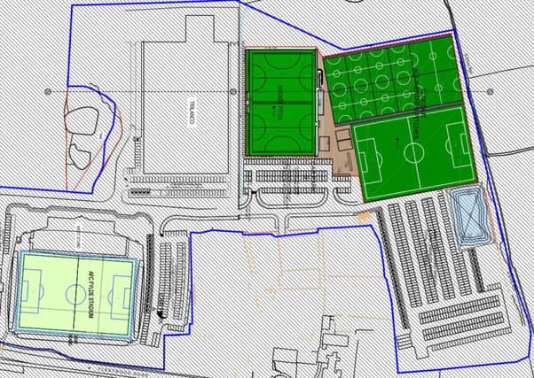 An outline drawing showing the five-a-side pitches in the top right hand corner next to the hockey pitch