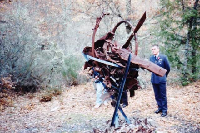 this is the current memorial on the site, made of the crash debris, 2002; Flight Lieutenant Andrew Gell, RAF Liaison Officer at Salon de Provence
