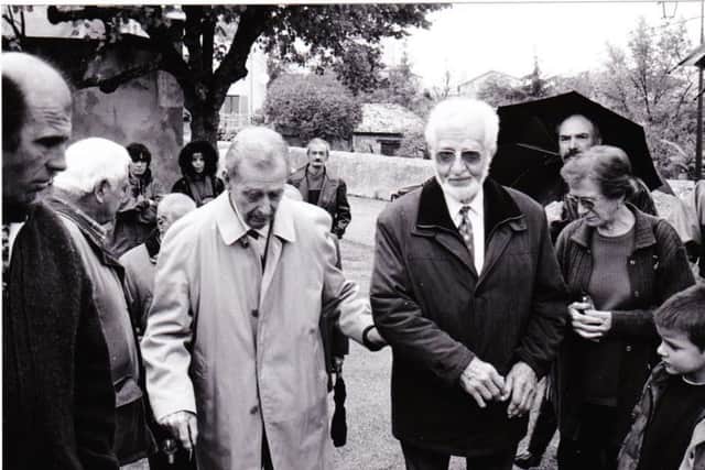 Francis Cammaerts, the British agent in the SOE in charge of Resistance in south-east France during WWII, and Edmé Carretier, one of those seven village men who witnessed the crash and who buried the bodies of the crew; photograph taken 11th November 2002