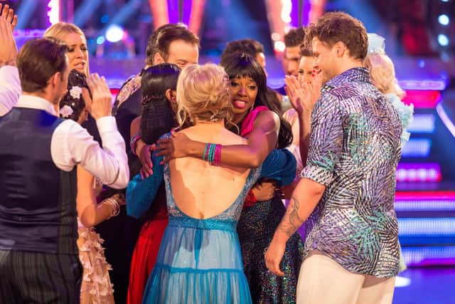 The Strictly Come Dancing cast say goodbye to eliminated dancer Jamelia in Sunday night's show, at Blackpool Tower Ballroom