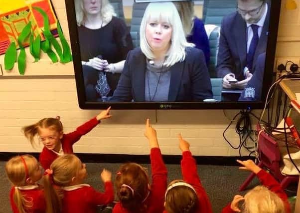 Hambleton Primary School pupils watch on as their headteacher Pamela Birch addresses the House of Commons