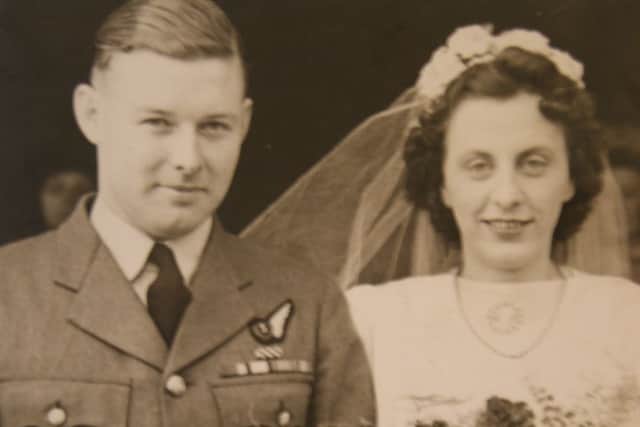 Flight Lieutenant Austin Hallett with his late wife Val on their wedding day on 21 February 1948