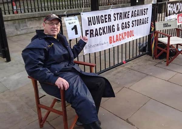 Gayzer Frackman in London for his anti-fracking hunger strike at Downing Street