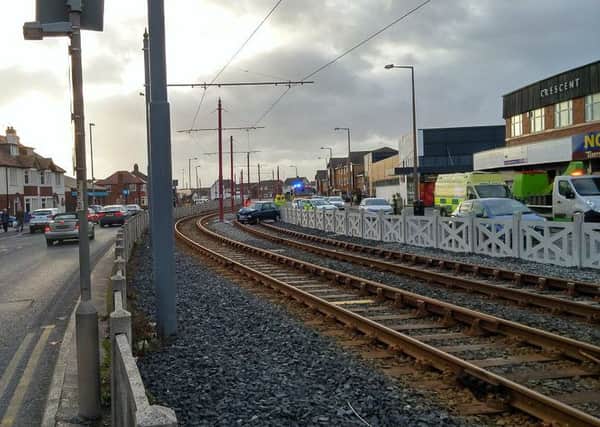 A car crashed and ended up on the tram line at Cleveleys. Photo: @FY5/Twitter