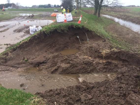 The damaged flood defences in St Michaels that workers were trying to repair before the downpour on Wednesday night. Photo: Lancashire Fire and Rescue