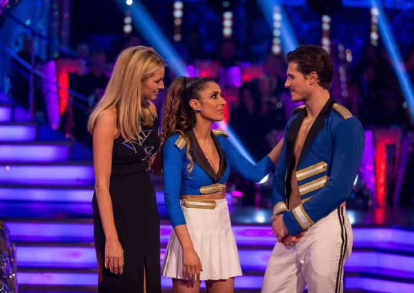Tess Daly (left) with the bottom couple Anita Rani and Gleb Savchenko during the Strictly Come Dancing results show. Image courtesy of the BBC