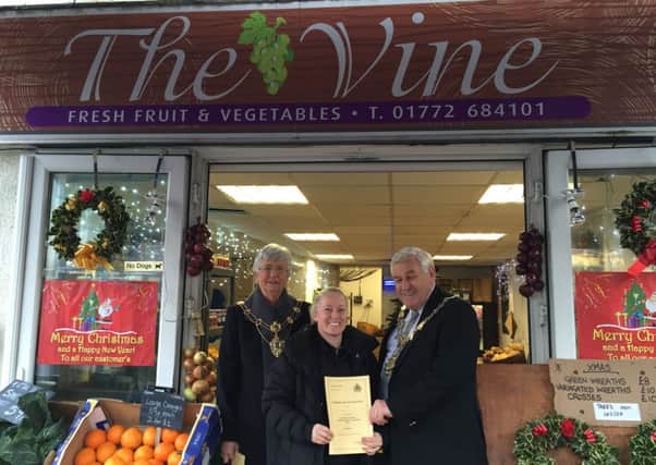 Runner-up The Vine. From left, Mrs Sheila Hardy, Fylde mayoress, shopkeeper Danielle Hoy-Durant and Mayor Coun Peter Hardy