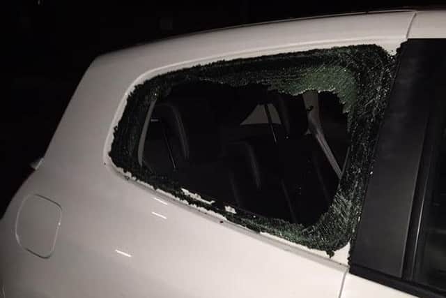 The damage caused to Miss Fylde Coast 2013 Jenna Howard's car by a thief who stole her crown