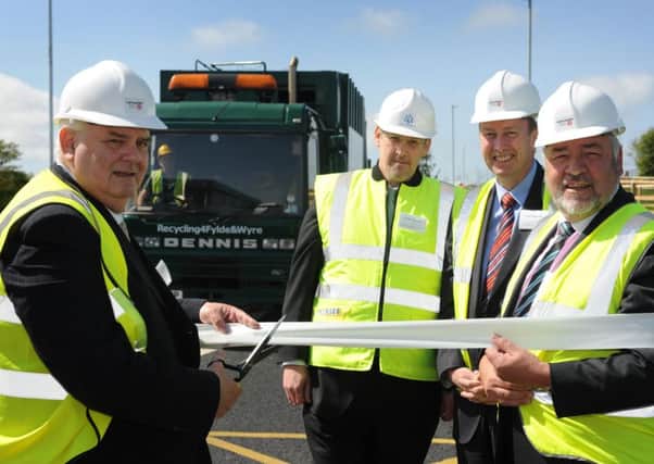 First official truck of rubbish arrives at the new Thornton Waste Recovery Park. Pictured at the opening is (Lto R) deputy leader of Lancashire County Council County Coun Albert Atkinson, chief executive of Global Renewables Lancashire Ltd Martin Hopkins, chief executive of Lancashire County Council Ged Fitzgerald and the deputy leader of Blackpool Council.