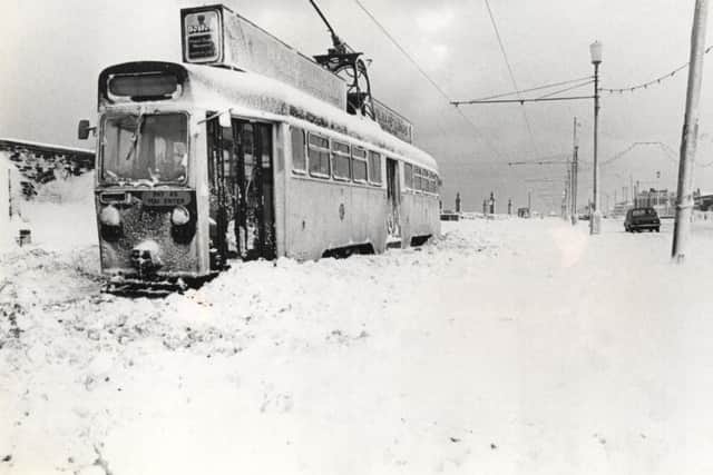 Tram stuck in the snow at South Shore, December 1981