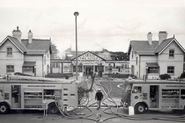 Fire fighters tackle the blaze at Ashton Theatre, in 1977