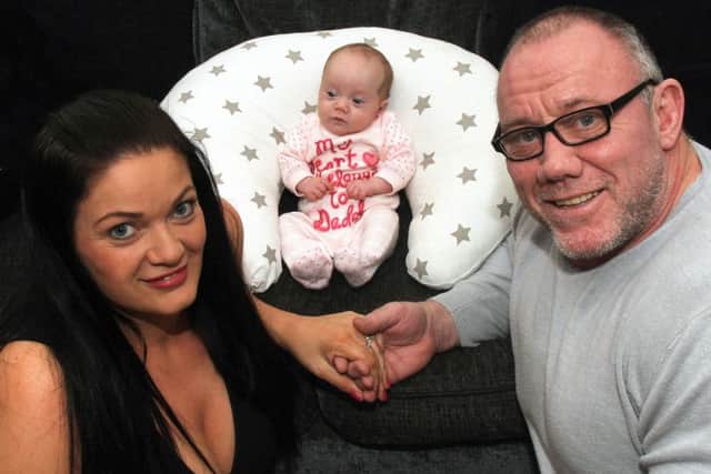 Carrie and Ian Gibney of Plungington, Preston with baby Emily. Carrie was discovered to have pre-eclampsia while she was pregnant. Baby Emily was born 32 weeks weighing 2lb 14oz. Pictured are parents Carrie and Ian Gibney with baby Emily