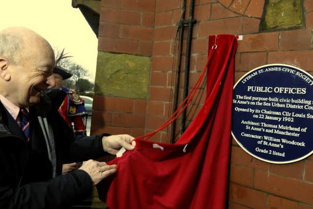 A blue plaque is unveiled at St Annes Public Offices by Richard Stanley, the grandson of councillor who opened the building in 1902